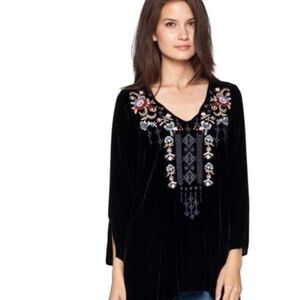 Johnny Was Elise Black Embroidered velvet tunic top